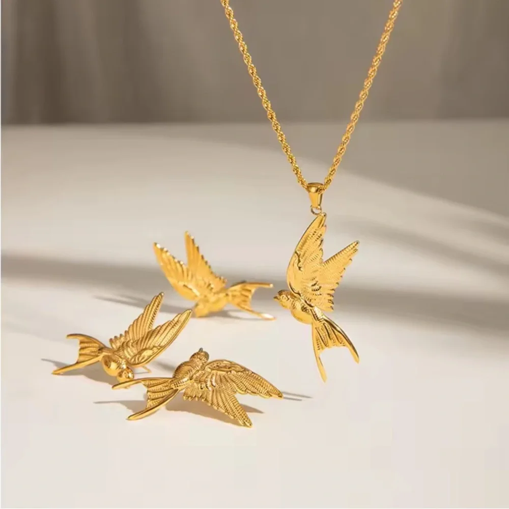 Swallow Peace Bird 18k Gold Stainless Steel Ring, Earrings, Necklace Set - Picture 1 of 17